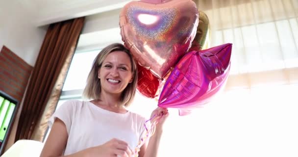Happy Smiling Woman Holding Many Colorful Balloons Movie Slow Motion — Video