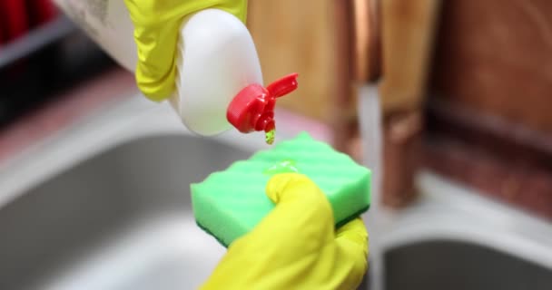 Housewife Pouring Detergent Dishwashing Sponge Closeup Movie Slow Motion Household — Stock video