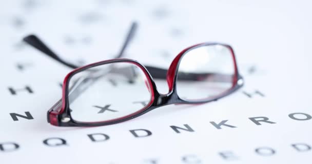 Óculos Quadros Vermelhos Pretos Deitados Mesa Exame Ocular Filme Diagnóstico — Vídeo de Stock