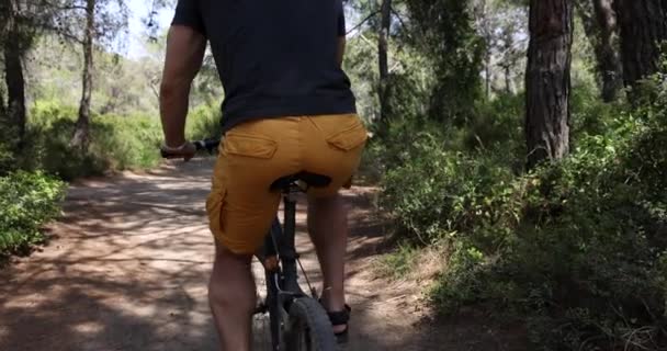 Young Man Riding Bicycle Track Park Back View Forest Walking — Vídeo de Stock