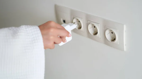 Hand Inserts Plug Socket Closeup Charging Plugging Electrical Appliances Socket — Stock Photo, Image
