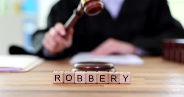 Word Robbery Judge Table Judge Gavel Closeup Criminal Legal Characteristics — Stock Video
