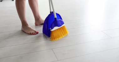Çıplak ayaklı kadın süpürge ve faraş kullanarak parlak ahşap zemini süpürüyor. Ev hanımı aydınlık odayı temizliyor. Ev işi. Günlük temizlik yavaş çekim