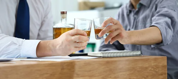 Close Hands Businessmen Holding Glasses Alcohol Drinks Partners Celebrating Signing — 스톡 사진