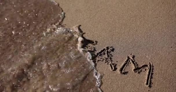 砂の上に碑文の夢を離れて海の波によって洗浄されます 目標の動機と海に住むために移動 — ストック動画