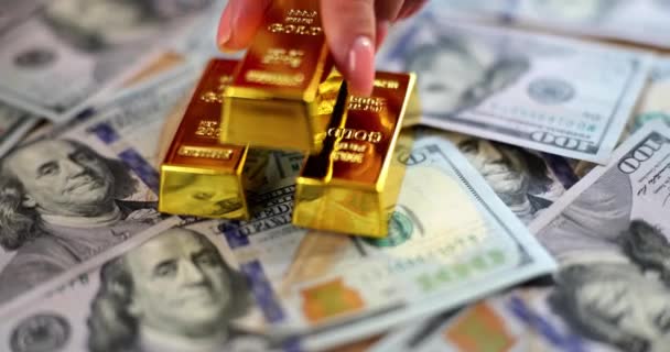 Gold Bars 100 New Dollars Banknotes Business Concept Finance Money — Vídeo de stock