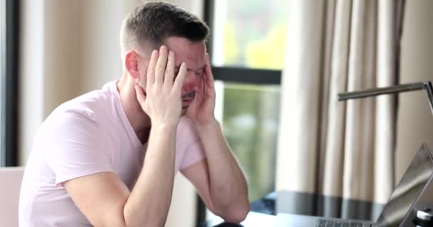 Frustrated Freelancer Sitting Home Front Laptop Closing Eyes Man Overworked — Video