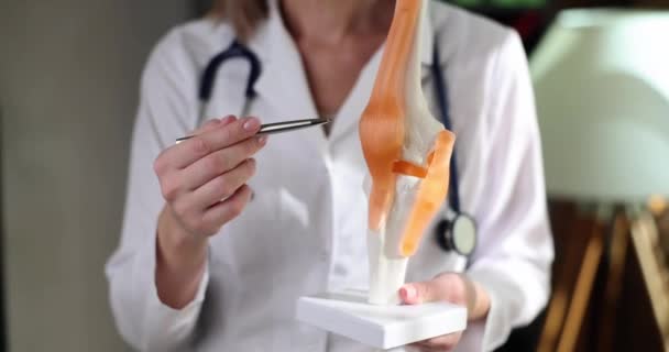 膝関節解剖学モデルを指す整形外科の医師 関節炎と膝関節痛のための理学療法の概念 — ストック動画