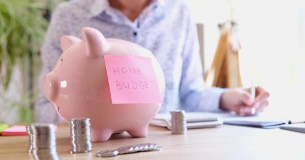 Piggy Bank Standing Table Home Budget Woman Calculating Financial Expenses — Video Stock
