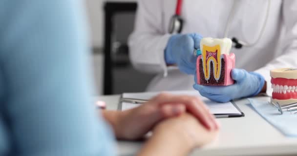 Lekarz Dentysta Pokazuje Pacjentowi Jak Myć Zęby Plastikowej Sztucznej Makiecie — Wideo stockowe