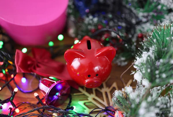 Red Piggy Bank Standing Christmas Gifts Tinsel Closeup Discounts New — Stock Photo, Image