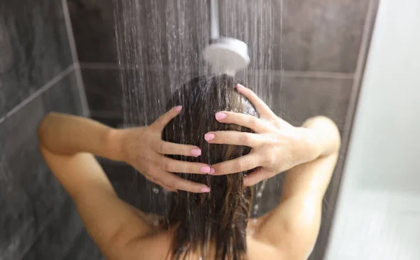 Woman Takes Shower Bathroom Feminine Hygiene Rules Concept — Stock Photo, Image