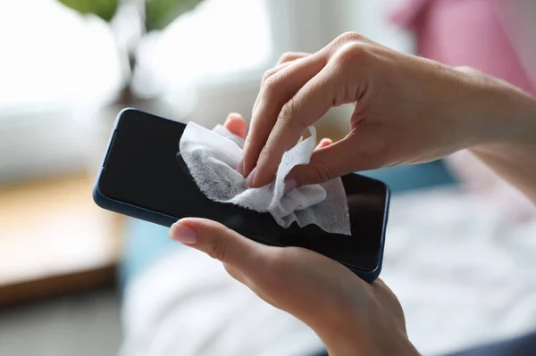 Female Hand Wipes Smartphone Disinfectant Napkin Bacteria Why Bacteria Living — Stock Photo, Image