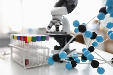Masada renkli kapaklı ve plastik moleküllü bir sürü test tüpü olan raflar var. Arka planda beyaz mikroskop var.