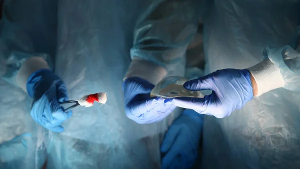 Tulumlu Cerrahlar Silikon Implantı Ellerinde Tutuyorlar Yerleştiriyorlar Asistan Pensleri Pamuk — Stok fotoğraf