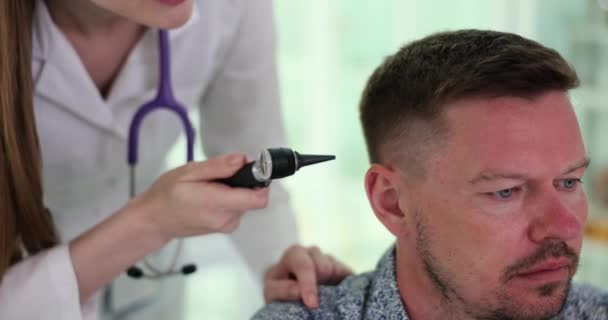 Otorhinolaryngologist Examines Patient Ear Otoscope Closeup Diagnosis Treatment Otitis Media — Stock Video