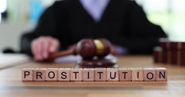 Word Prostitution Made Wooden Latin Blocks Judge Knocking Gavel Sound — Stock Video