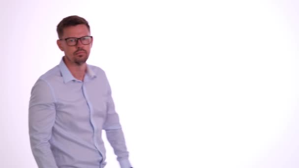 Bearded Office Worker Walking Studio Takes Glasses Surprised Expression Employee — Stock Video