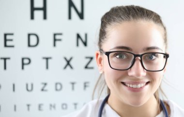 Kameraya gülümseyen neşeli kadın göz doktorunun yakın çekimi. Kontrol vizyonu için harfleri olan özel bir kurul. Uzayı sol tarafa kopyala. Modern tıp sağlık ve göz doktoru konsepti