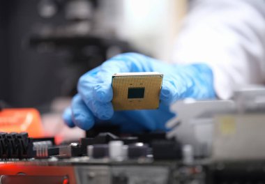 Technician puts processor on computer motherboard socket. Computer chip board and installation