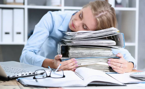 Lot Work Wait Tired Exhausted Woman Huge Pile Document Folders — Stock Photo, Image