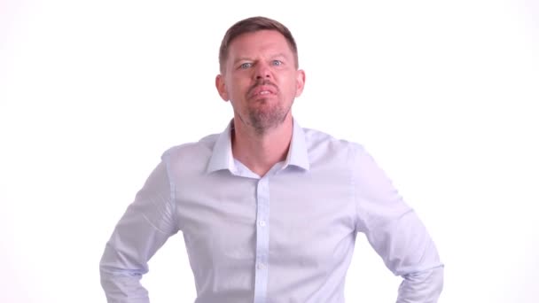 Crazy Man Playful Mood Makes Funny Face Sticks Out Tongue — Stock Video