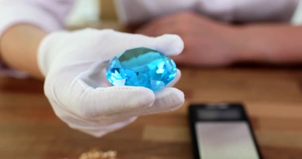 Hands Jeweler White Gloves Check Quality Luxurious Blue Diamond Gemstone — Stock Video