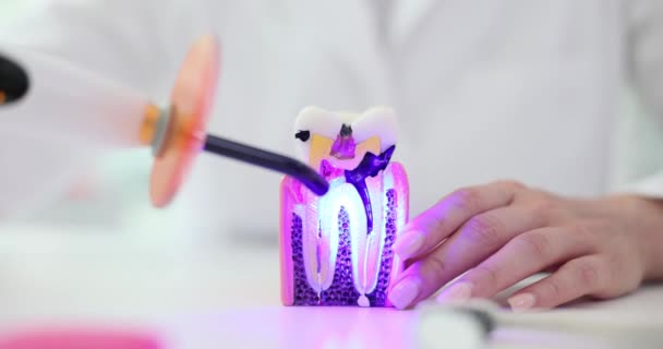 Доктор Держит Зубную Зубную Ультрафиолетовую Лампу Лечение Зубов — стоковое видео