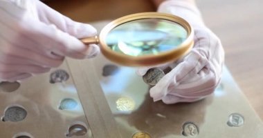 Numismatist in gloves examines collection of coins through magnifying glass. Collecting and valuing coins concept