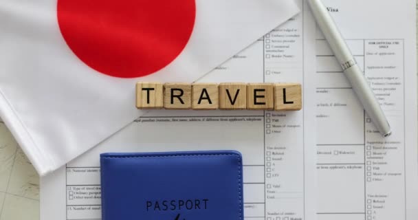 Slovní Vízum Vyrobené Kostek Japonské Vlajce Pasu Cestování Japonska Získání — Stock video