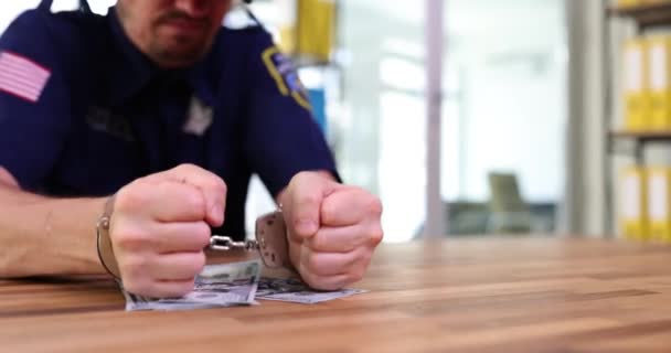 Policeman Handcuffs Holds Dollars Hand Bribe Corruption — Stock Video