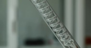 Şeffaf sıvı içeren deneysel kurulum spiral plastik tüp boyunca akar. Bilimsel deney. Şeffaf sıvı laboratuvar araştırması