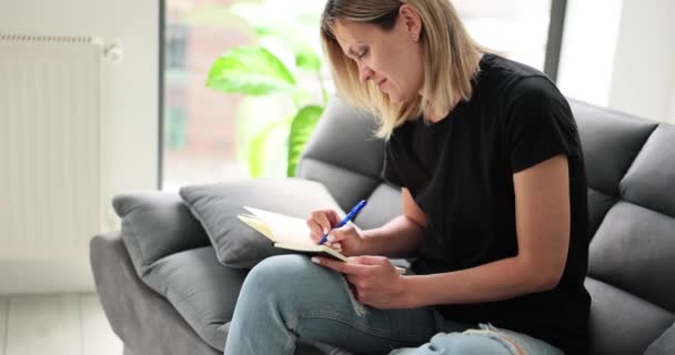 기업가는 집에서 노트북에 계획을 씁니다 원격으로 작업하는 여성은 프로젝트의 단계별 — 비디오