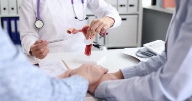 Doktor, genç çiftin döllenme sürecinde kadın leğen kemiği modelinin yanında sperm bulunduğunu açıkladı. Hafif klinik ofisinde yavaş çekimde uzmanlaşmış bir danışman.