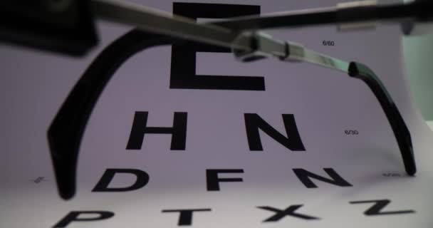 Okulary Pomiaru Wzroku Leżące Papierze Wykres Snellena Sprzęt Medyczny Badań — Wideo stockowe