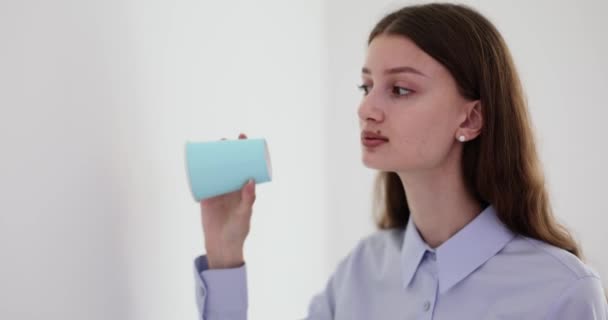 Curious Young Woman Glass Leaning Wall Listening Conversation Eavesdrop Secret — Stock Video