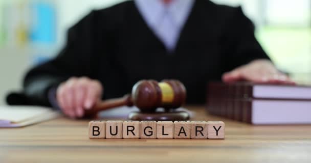 Word Burglary Made Cubes Judge Writes Verdict Judgment Sentence Thief — Stock Video