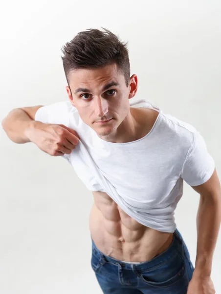 Strong Male Press Thanks Diet Constant Training — Stock Photo, Image