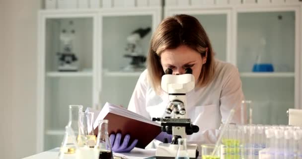 Naukowiec Patrzy Przez Mikroskop Liści Przez Książkę Analiza Chemiczna Cieczy — Wideo stockowe