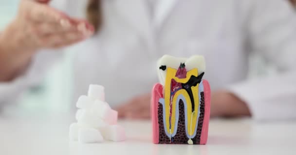 Doustna Próchnica Cukier Niszczą Koncepcję Szkliwa Zębów Ząb Kostki Cukru — Wideo stockowe