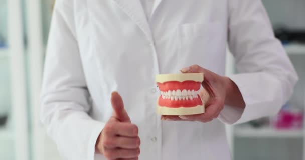 Dentista Demuestra Disposición Los Dientes Humanos Mostrando Los Pulgares Hacia — Vídeo de stock