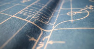 Matematiksel formülleri ve geometrisi olan mavi kağıtlar. Mimari yapı çizimi
