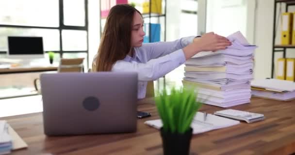 Tired Nervous Intern Working Hard Documents Office Overtime Documentation — Stock Video