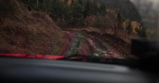 森林和汽车内部的景观 乘坐吉普车的山地旅游 — 图库视频影像