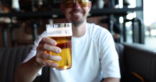 Young Smiling Man Drinks Beer Bar Cold Tasty Beer Glass — Stock Video