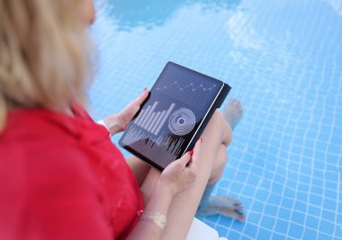 Woman is browsing web statistics using tablet while sitting on edge of swimming pool. Telework and remote work of bloggers