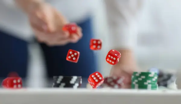 Five Red Dice Discarded Hand Gambling Roulette Concept — Foto de Stock