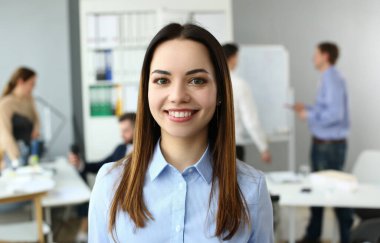 Portrait of a beautiful woman on background of business people. Young ambitious business woman to build career in consulting company