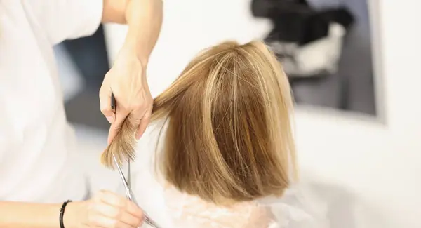 Woman hairdresser cuts hair with scissors in barbershop. Hairdresser holds lock of hair and comb and scissors in his hand between fingers closeup