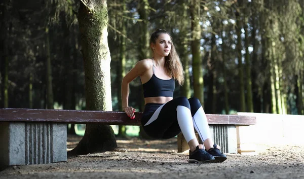 Female Trainer Goes Sports Outdoors Park Athlete Doing Favorite Work — Stok fotoğraf